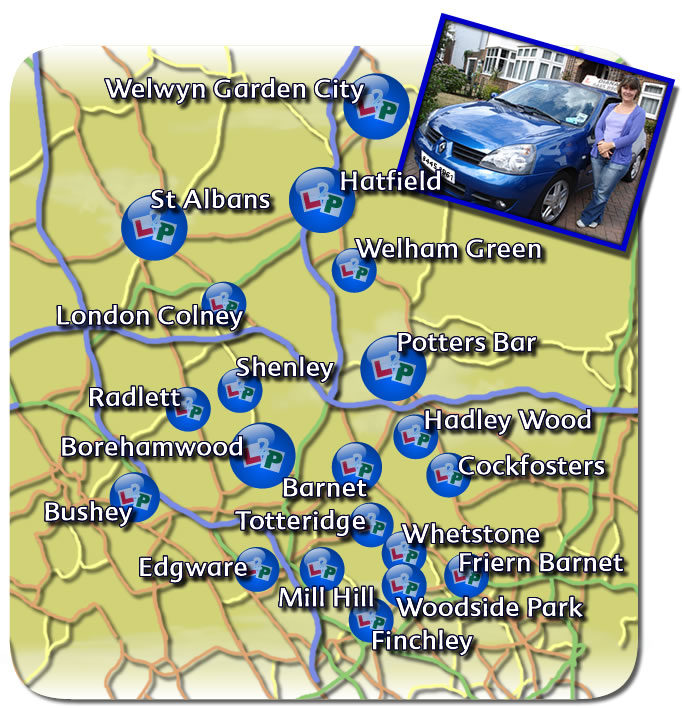 female instructor covering Barnet | Finchley | Whetstone | Barnet | Friern Barnet | Woodside Park | Totteridge | Hadley Wood | Potters Bar | Cockfosters | Welham Green | Hatfield | Welwyn Garden City | St. Albans | London Colney | Shenley | Radlett | Bushy | Edgware | Mill Hill | Borehamwood