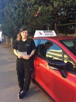 Hi Diana, thankyou so much for putting the time and effort in to help me pass my test. Throughout all my lessons you were very patient and calm, you payed attention to my errors and helped me to correct them. I am so happy that I passed my test 1st time I honestly couldn’t have done it without you.<br />
Chantelle