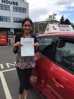 Dear Diana<br />
<br />
<br />
<br />
Thank you soo much for helping me pass my driving test first time I had already undertaken 19 lessons with another instructor but after I came to you my driving improved massively Your lessons were well structured and the techniques and advice you gave were extremely helpful especially when tackling tricky road situations You are definitely a first rate driving instructor <br />
