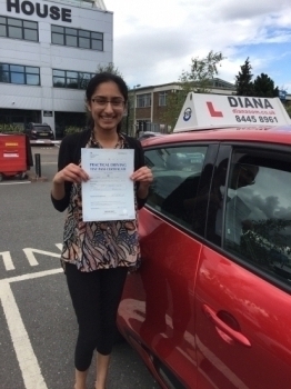 Dear Diana<br />
<br />

<br />
<br />
Thank you soo much for helping me pass my driving test first time I had already undertaken 19 lessons with another instructor but after I came to you my driving improved massively Your lessons were well structured and the techniques and advice you gave were extremely helpful especially when tackling tricky road situations You are definitely a first rate driving instructor <br />
