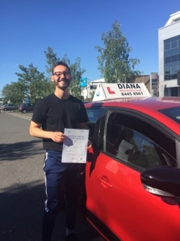 ´I want to say a massive thank you to Diana for all her help and support. She was very patient with me and prepared me well for all aspects of the driving test. I would highly recommend Diana if you are looking for a great driving instructor, thanks again!´<br />
<br />
Regards, <br />
Alex